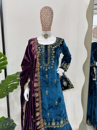 Sky Blue Elegant Viscose Velvet Embroidered Sharara Set ClothsVilla