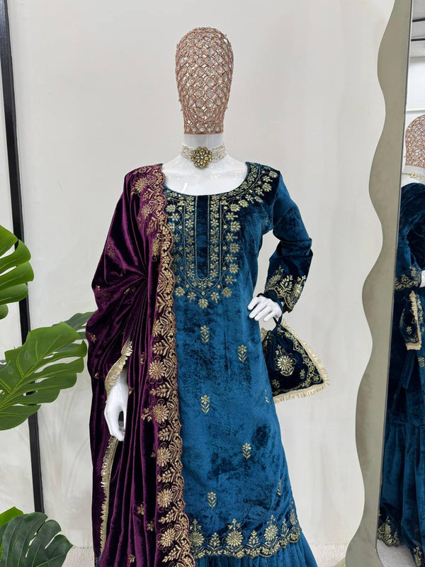 Sky Blue Elegant Viscose Velvet Embroidered Sharara Set ClothsVilla