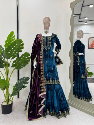 Sky Blue Elegant Viscose Velvet Embroidered Sharara Set ClothsVilla