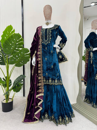 Sky Blue Elegant Viscose Velvet Embroidered Sharara Set ClothsVilla