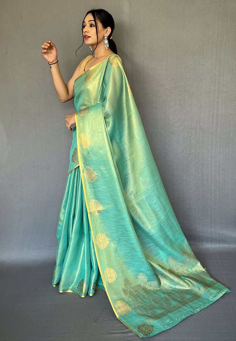 Sky Blue Elegant Woven Tissue Silk Saree with Gold Accents Party & Festive Wear ClothsVilla