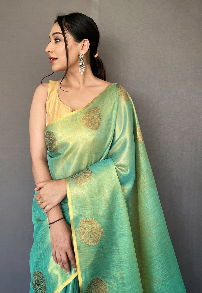 Sky Blue Elegant Woven Tissue Silk Saree with Gold Accents Party & Festive Wear ClothsVilla