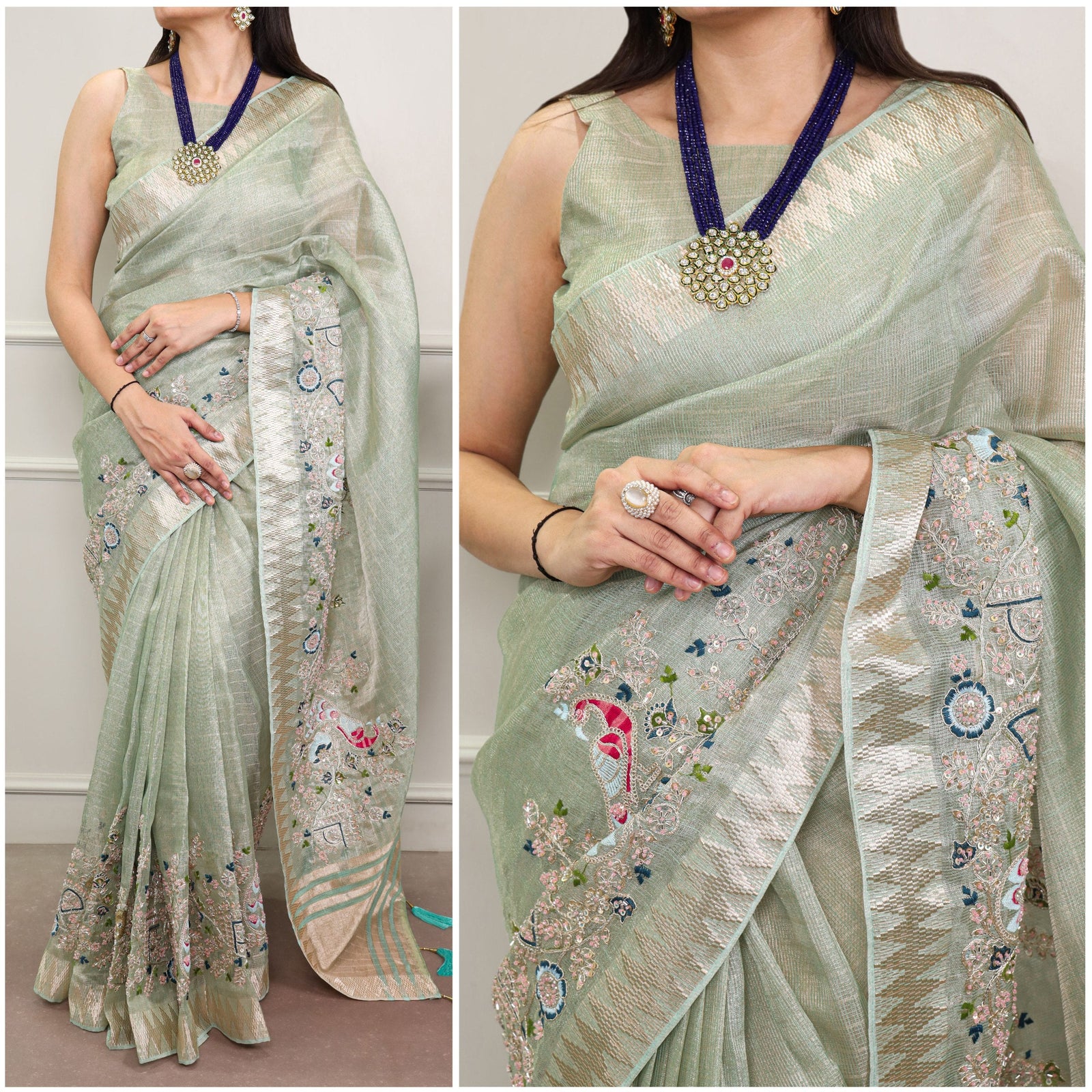 Sky Blue Elegant Zari Kota Tissue Saree with Embroidery Beads Work & Zari Weaving Border, Matching Unstitched Blouse – Festive & Traditional Wear ClothsVilla