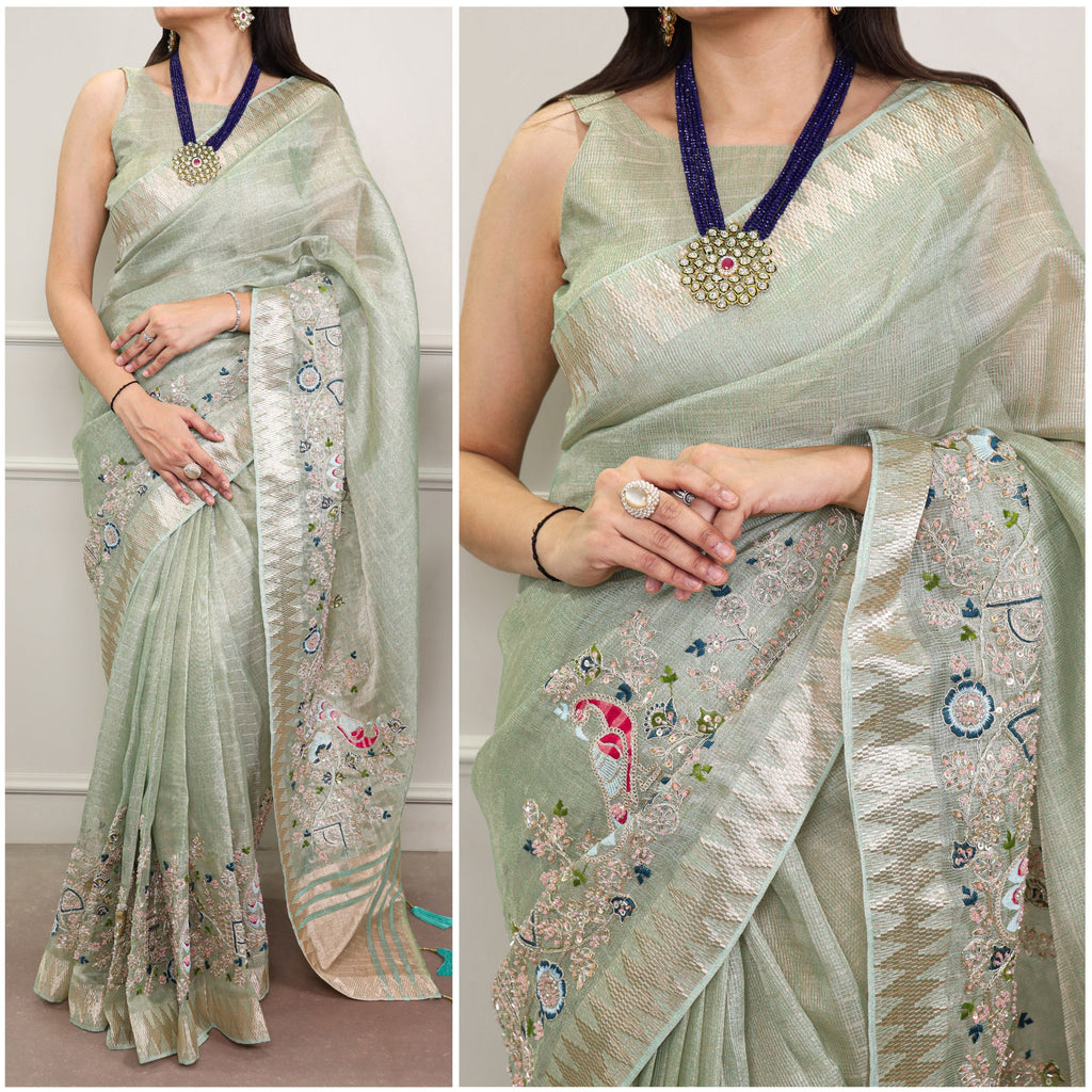 Sky Blue Elegant Zari Kota Tissue Saree with Embroidery Beads Work & Zari Weaving Border, Matching Unstitched Blouse – Festive & Traditional Wear ClothsVilla