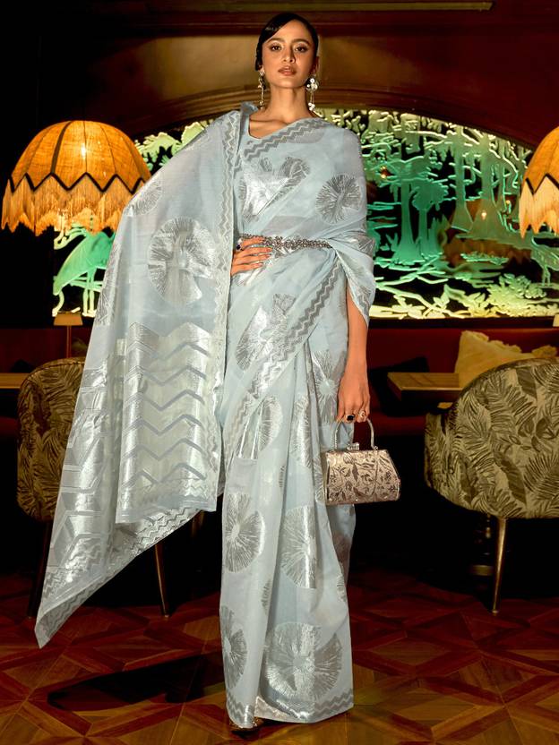 Sky Blue Elora Fashion Banarasi Silk Unstitched Saree with Designer Border ClothsVilla