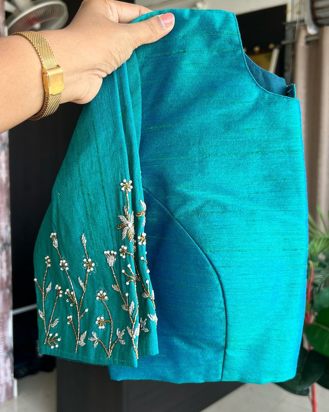 Sky Blue Elzara Silk Blouse with Beautiful Handwork on Sleeves ClothsVilla Main image