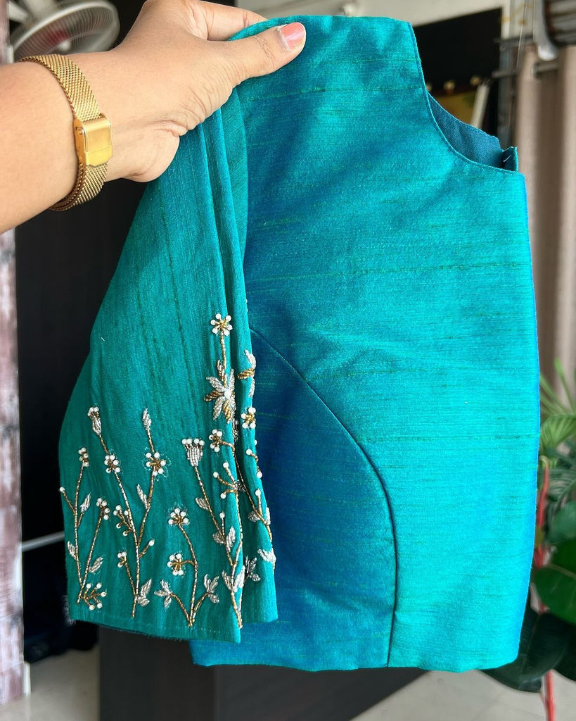 Sky Blue Elzara Silk Blouse with Beautiful Handwork on Sleeves ClothsVilla