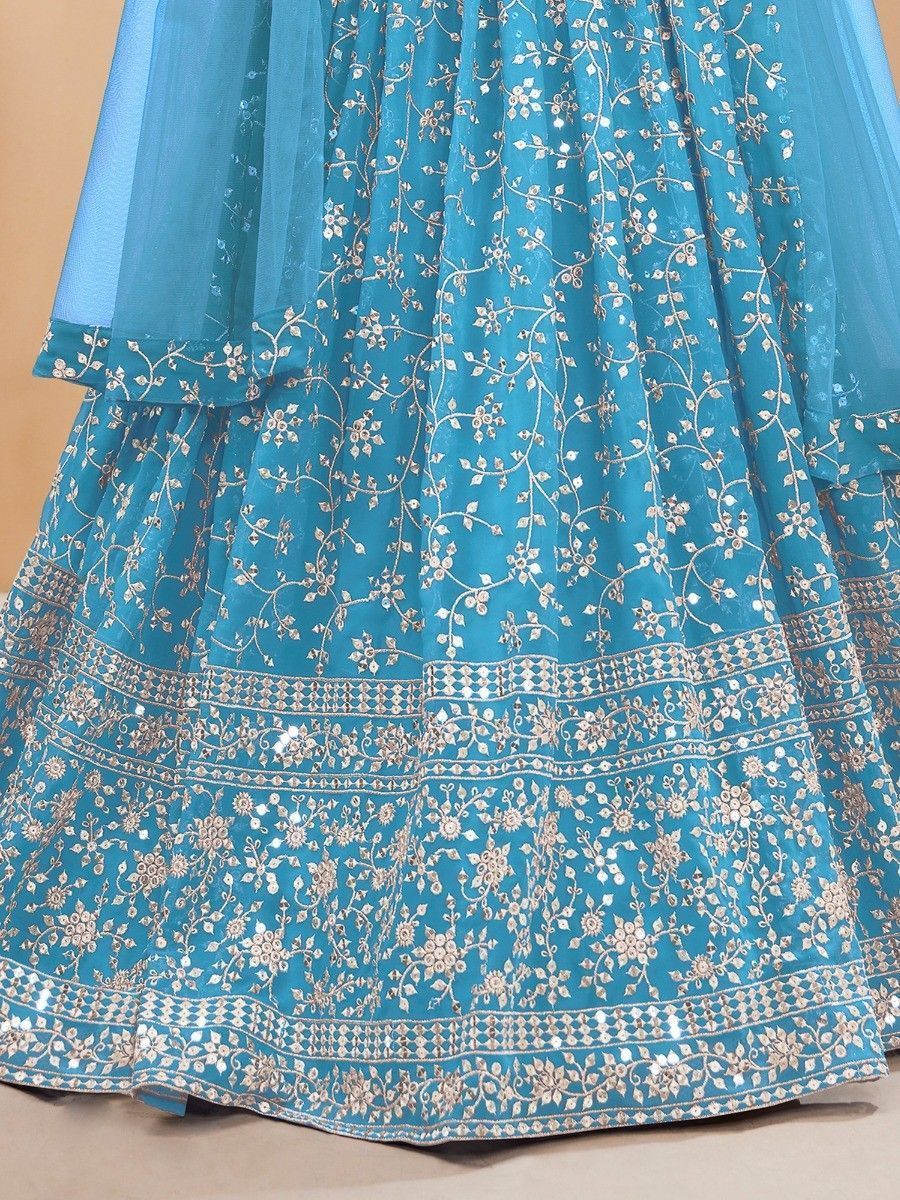Sky Blue Embroidered Georgette Reception Wear Lehenga Choli ClothsVilla