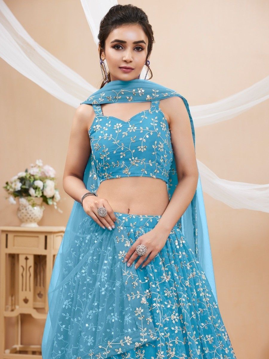 Sky Blue Embroidered Georgette Reception Wear Lehenga Choli ClothsVilla