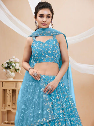 Sky Blue Embroidered Georgette Reception Wear Lehenga Choli ClothsVilla