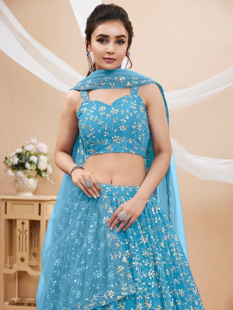 Designer Exclusive Sky Blue Color Net Fabric Lehenga Choli