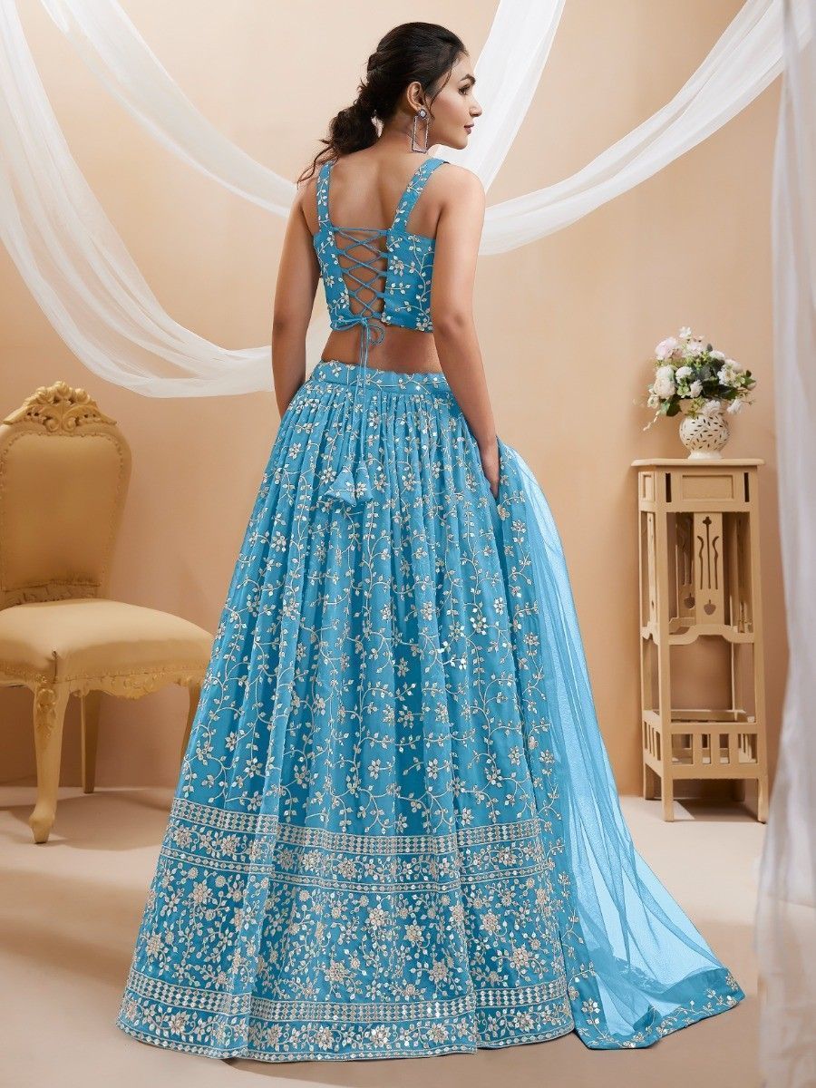 Sky Blue Embroidered Georgette Reception Wear Lehenga Choli ClothsVilla