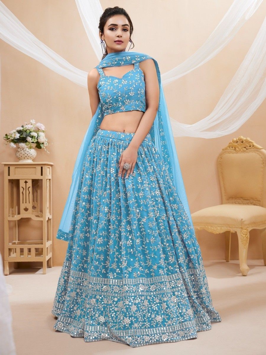 Sky Blue Embroidered Georgette Reception Wear Lehenga Choli ClothsVilla
