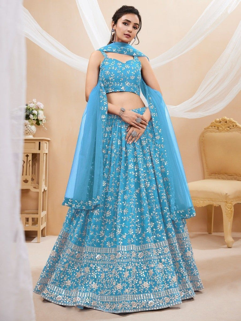 Sky Blue Embroidered Georgette Reception Wear Lehenga Choli ClothsVilla