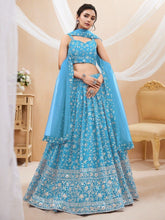 Load image into Gallery viewer, Sky Blue Embroidered Georgette Reception Wear Lehenga Choli ClothsVilla