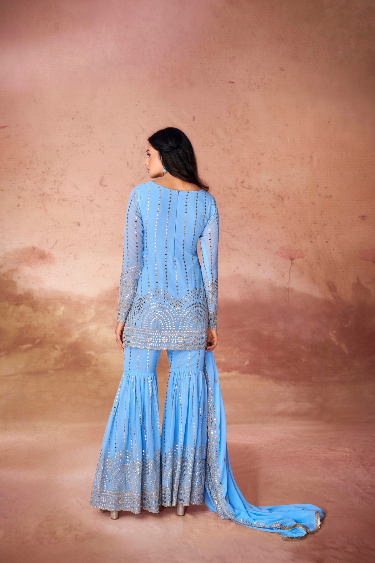 Sky Blue Embroidered Georgette Sharara Set with Sequin Work & Dupatta – Ready to Wear ClothsVilla