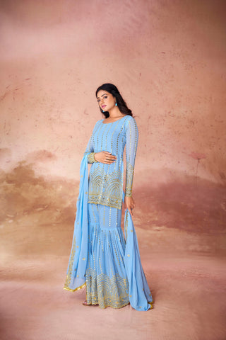 Sky Blue Embroidered Georgette Sharara Set with Sequin Work & Dupatta – Ready to Wear ClothsVilla