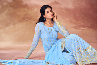 Sky Blue Embroidered Georgette Sharara Set with Sequin Work & Dupatta – Ready to Wear ClothsVilla