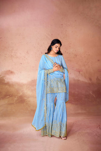 Sky Blue Embroidered Georgette Sharara Set with Sequin Work & Dupatta – Ready to Wear ClothsVilla