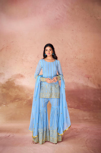 Sky Blue Embroidered Georgette Sharara Set with Sequin Work & Dupatta – Ready to Wear ClothsVilla