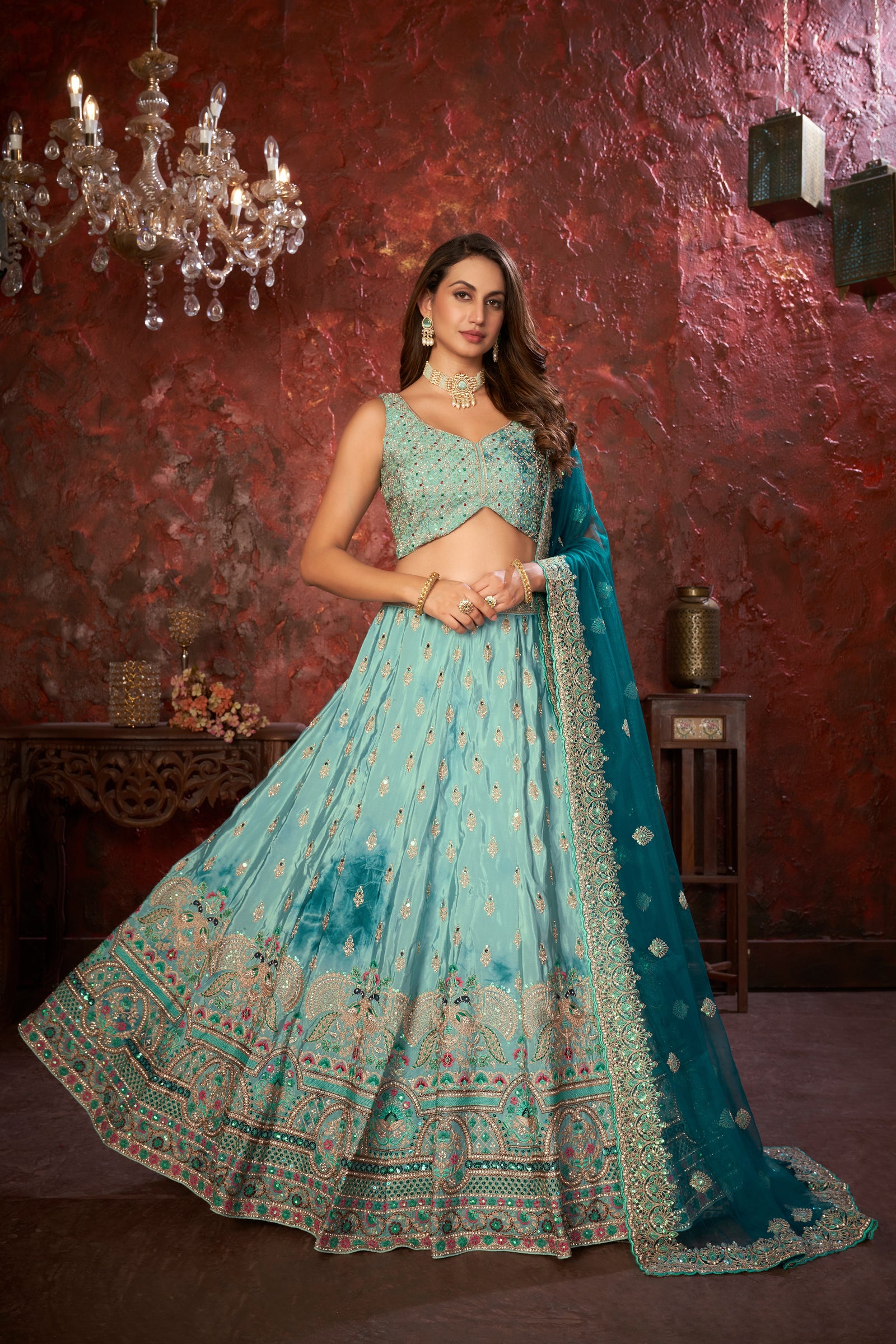 Sky Blue Embroidered Girlish Lehenga Choli Set ClothsVilla