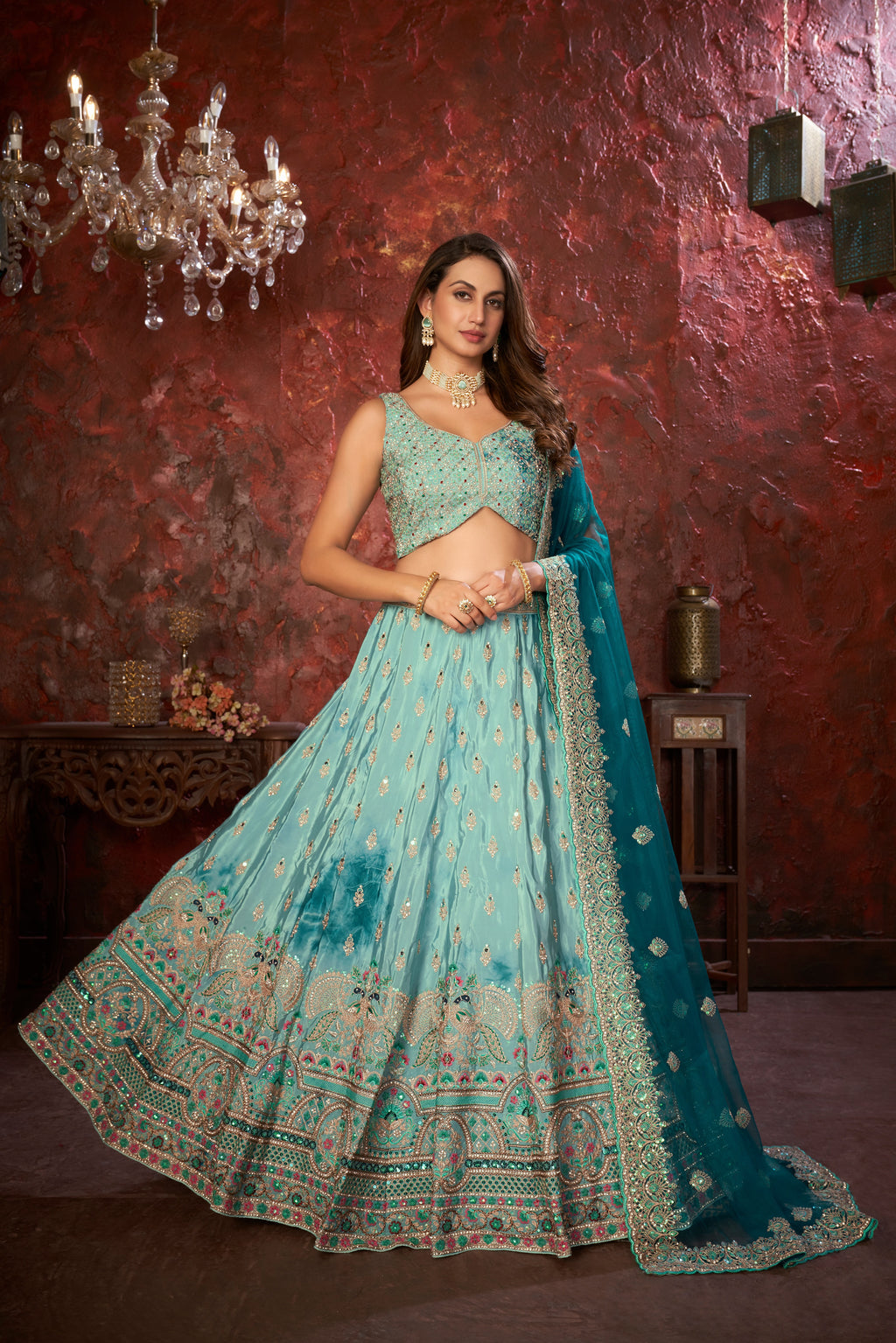 Sky Blue Embroidered Girlish Lehenga Choli Set ClothsVilla