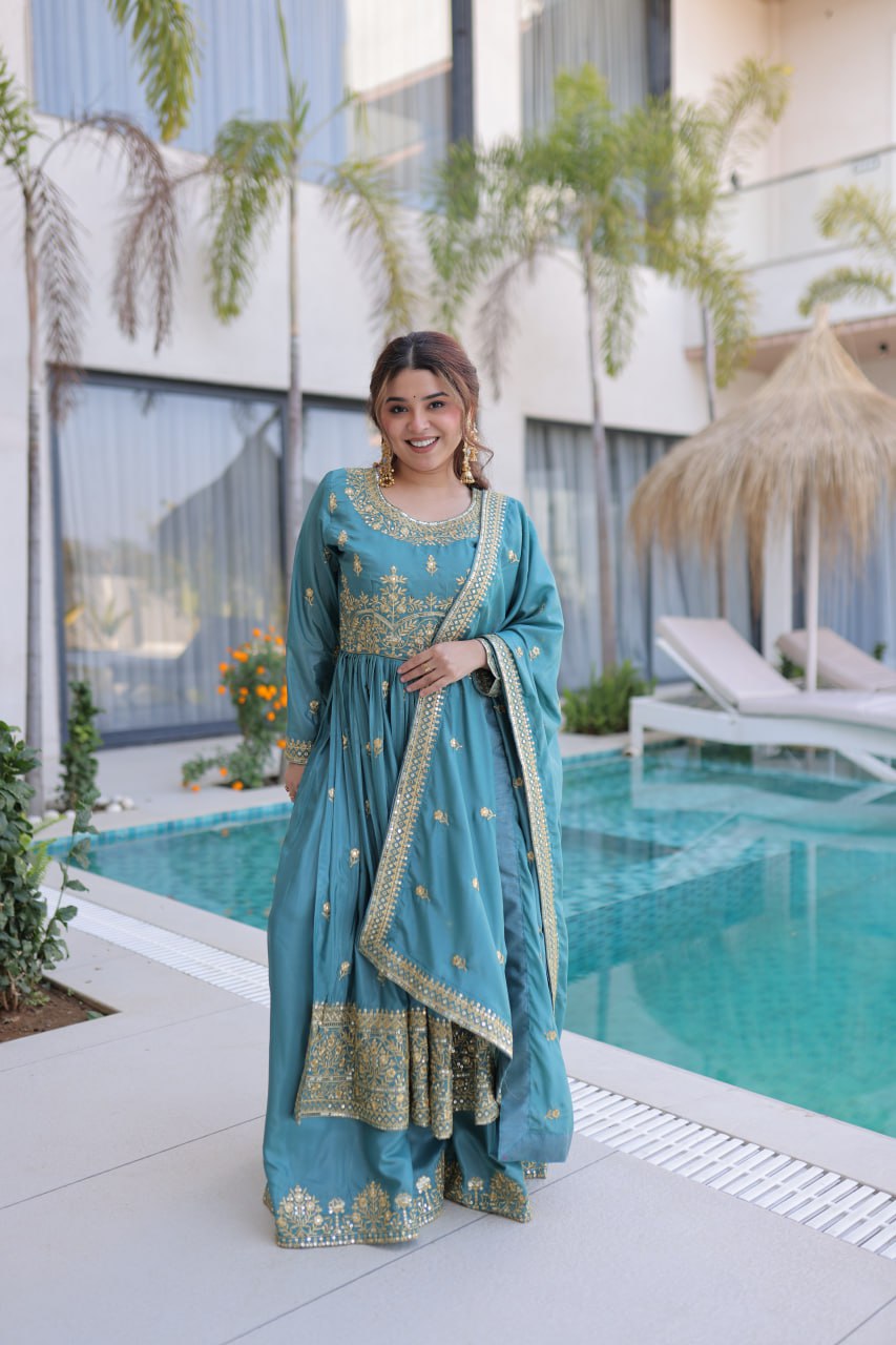 Sky Blue Embroidered Kurti Sharara Set ClothsVilla Main image