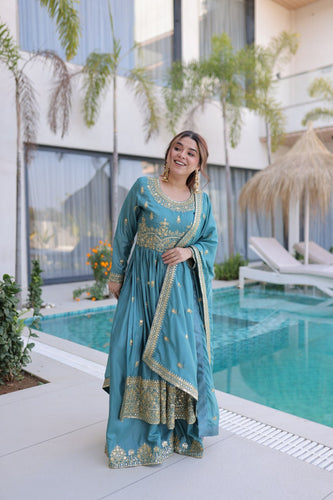 Sky Blue Embroidered Kurti Sharara Set ClothsVilla