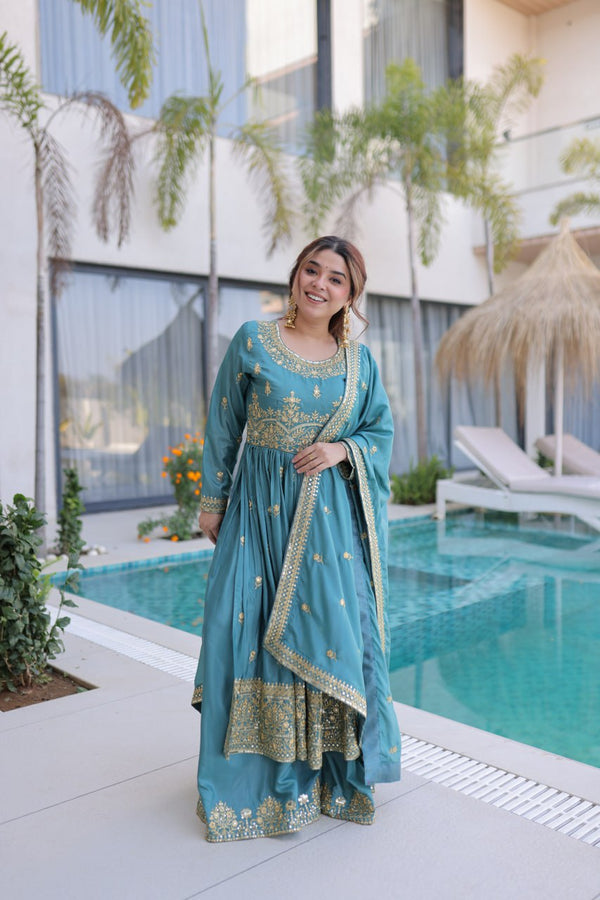 Sky Blue Embroidered Kurti Sharara Set ClothsVilla