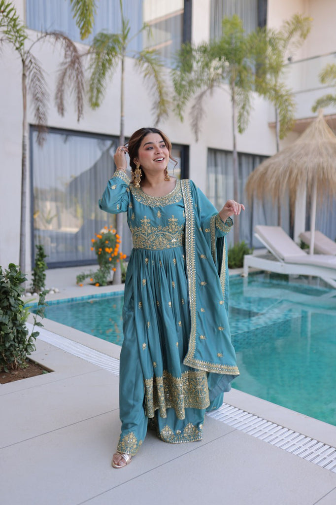 Sky Blue Embroidered Kurti Sharara Set ClothsVilla