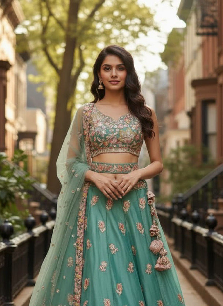 Sky Blue Embroidered Lehenga Set