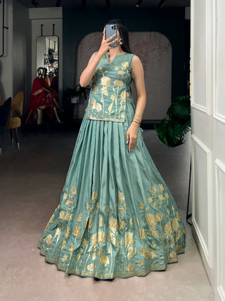 Sky Blue Embroidered Lehenga with Overlay Top ClothsVilla