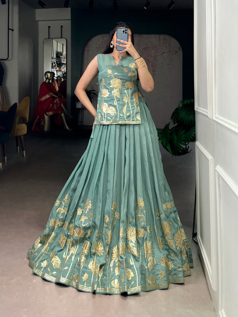Sky Blue Embroidered Lehenga with Overlay Top ClothsVilla Main image