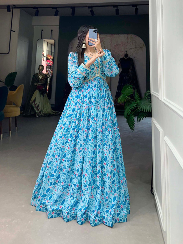 Sky Blue Exquisite Floral Print Georgette Gown with Lace Acc