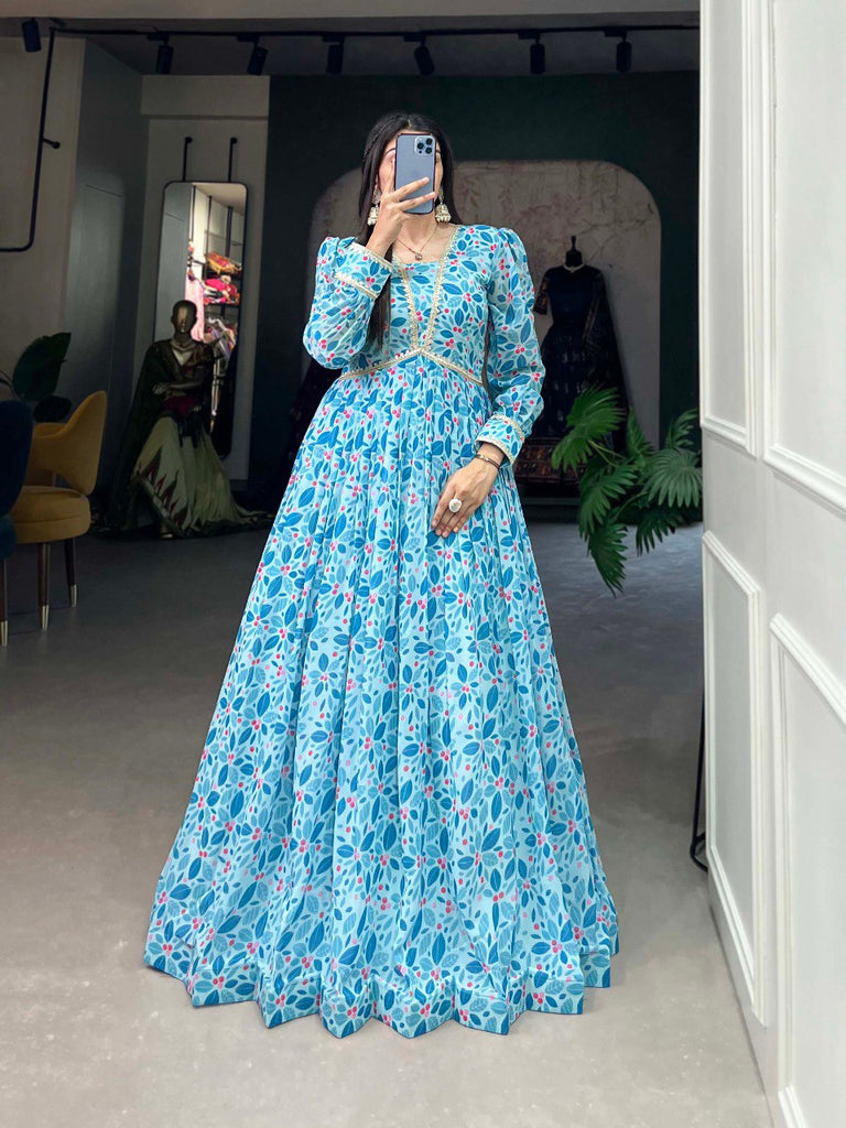 Sky Blue Exquisite Floral Print Georgette Gown with Lace Acc Sky Blue Exquisite Floral Print Georgette Gown with Lace Acc