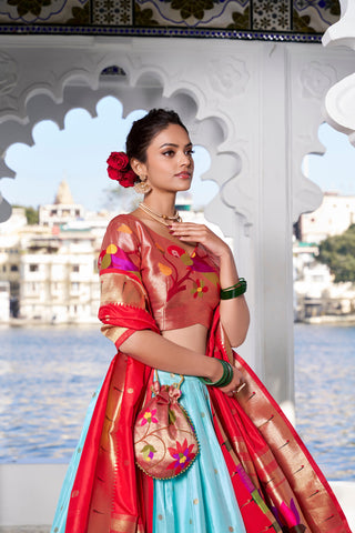 Sky Blue Exquisite Jacquard Silk Paithani Lehenga with Zari Weaving Work & Matching Batwa
