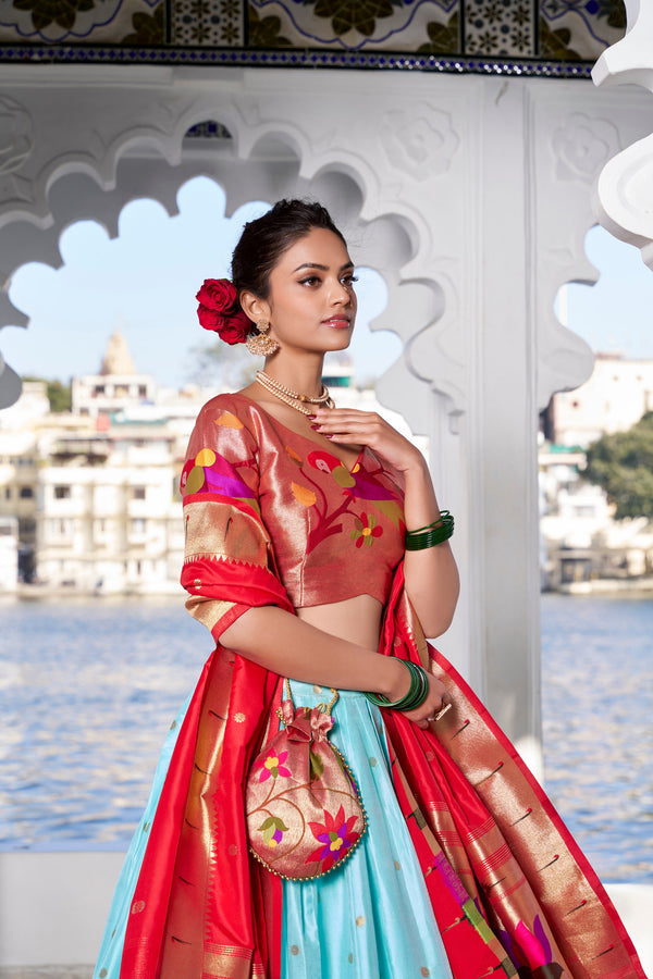 Sky Blue Exquisite Jacquard Silk Paithani Lehenga with Zari Weaving Work & Matching Batwa