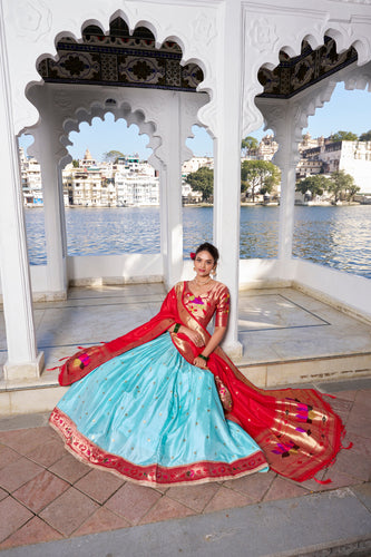 Sky Blue Exquisite Jacquard Silk Paithani Lehenga with Zari Weaving Work & Matching Batwa