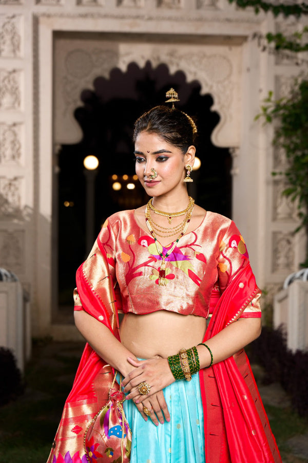 Sky Blue Exquisite Jacquard Silk Paithani Lehenga with Zari Weaving Work & Matching Batwa ClothsVilla