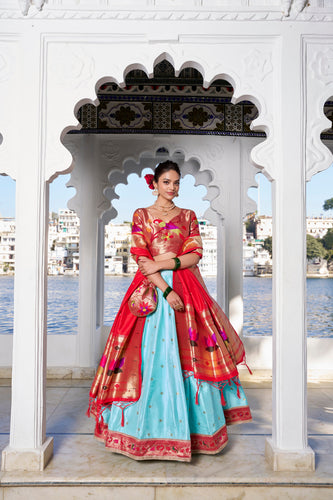 Sky Blue Exquisite Jacquard Silk Paithani Lehenga with Zari Weaving Work & Matching Batwa