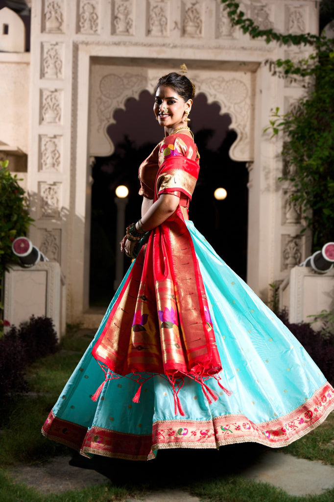 Sky Blue Exquisite Jacquard Silk Paithani Lehenga with Zari Weaving Work & Matching Batwa ClothsVilla