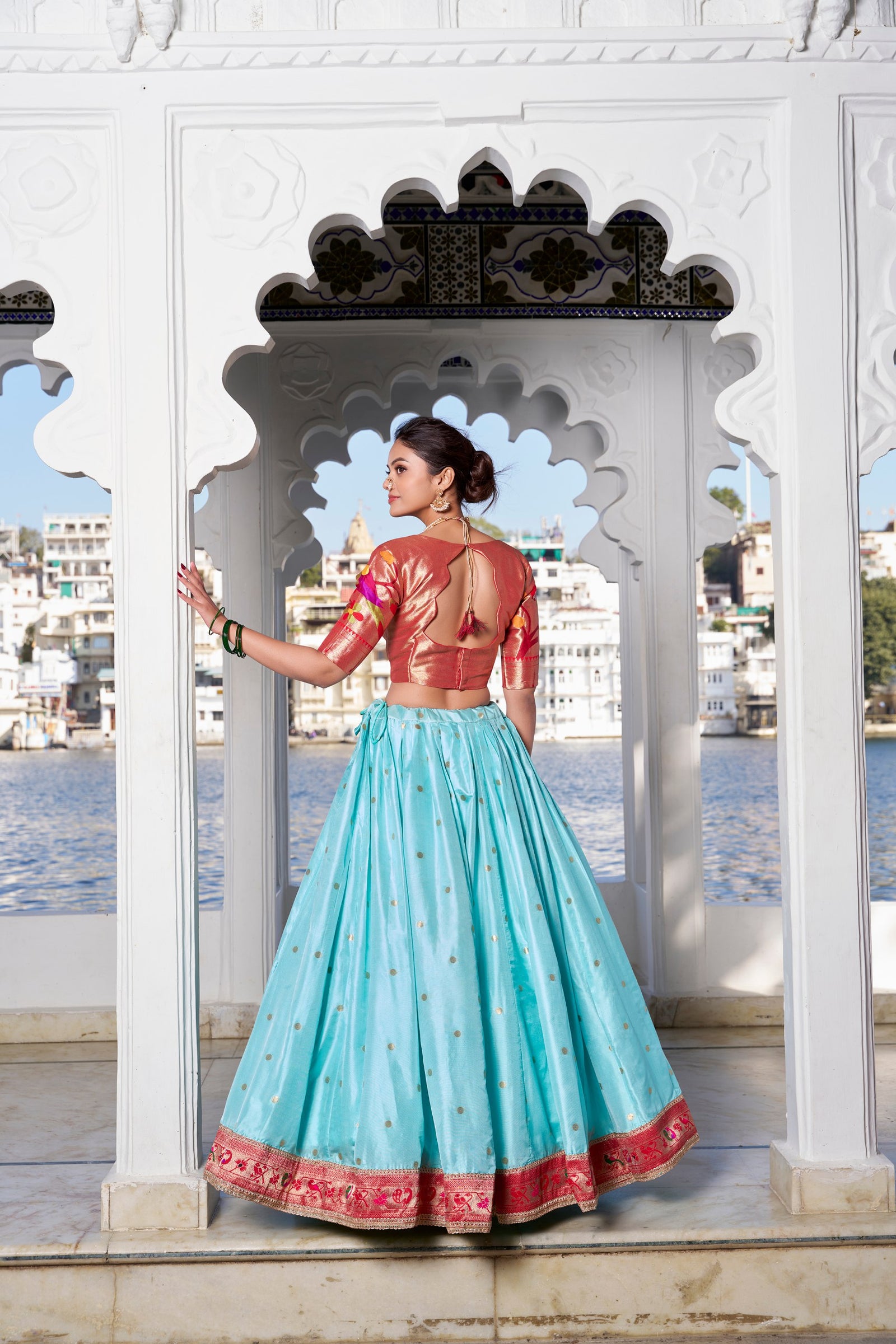 Sky Blue Exquisite Jacquard Silk Paithani Lehenga with Zari Weaving Work & Matching Batwa