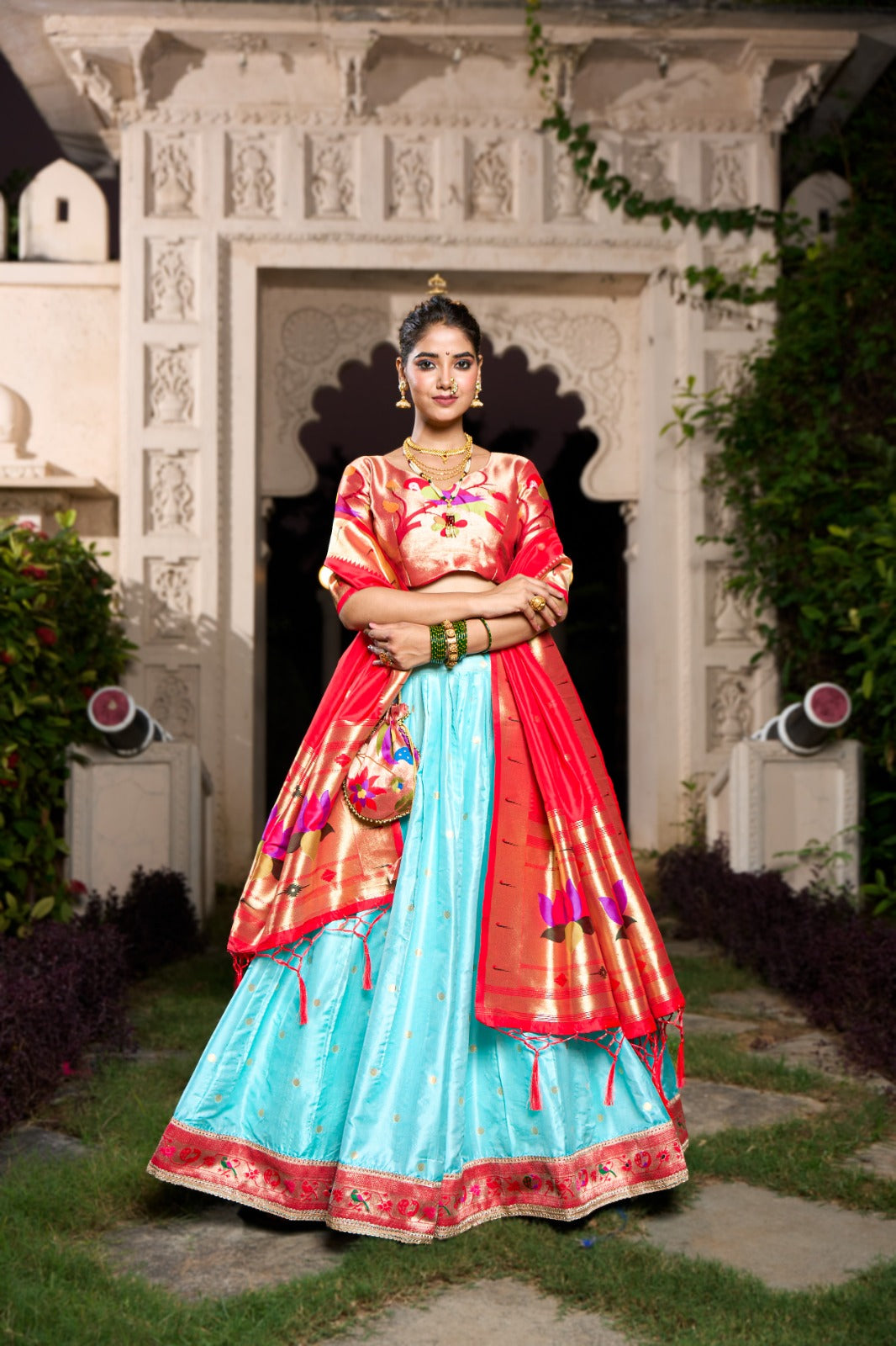 Sky Blue Exquisite Jacquard Silk Paithani Lehenga with Zari Weaving Work & Matching Batwa ClothsVilla