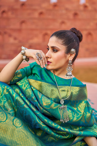 Sky Blue Exquisite Litchi Silk Banarasi Saree with Zari Woven Design ClothsVilla