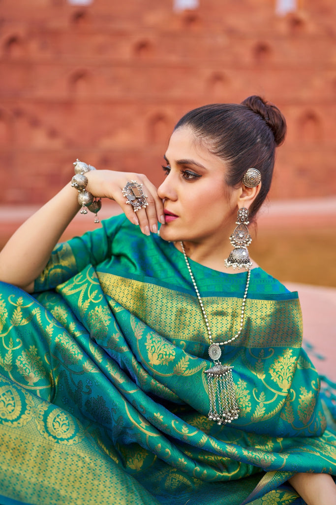 Sky Blue Exquisite Litchi Silk Banarasi Saree with Zari Woven Design ClothsVilla