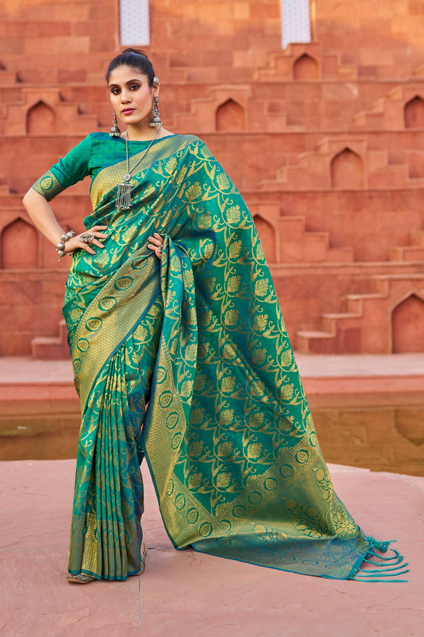 Sky Blue Exquisite Litchi Silk Banarasi Saree with Zari Woven Design ClothsVilla