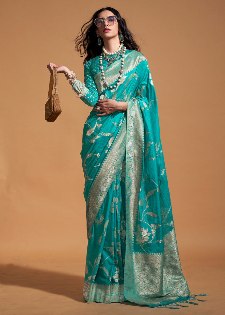 Sky Blue Fairytale Banarasi Georgette Silk Saree with Brocade Blouse – Summer Glam Edition ClothsVilla
