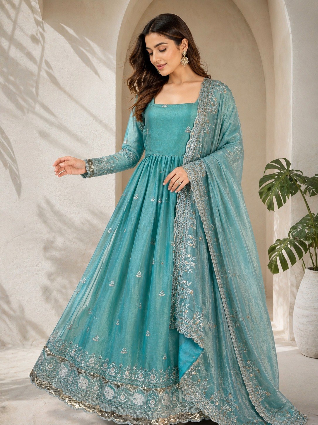 Sky Blue Fandy Satin Anarkali Gown ClothsVilla