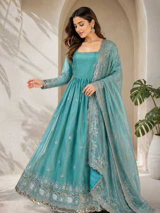 Sky Blue Fandy Satin Anarkali Gown ClothsVilla