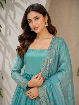 Sky Blue Fandy Satin Anarkali Gown ClothsVilla